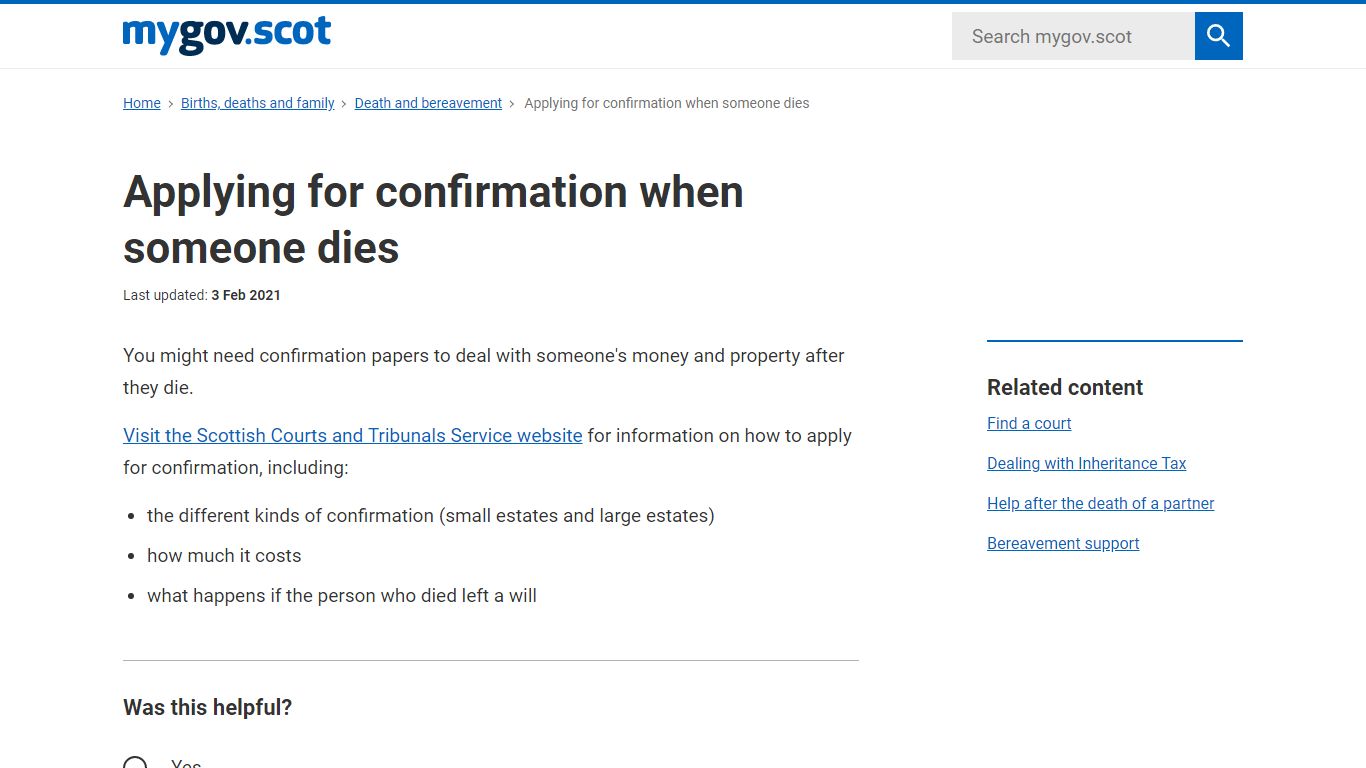 Applying for confirmation when someone dies - mygov.scot